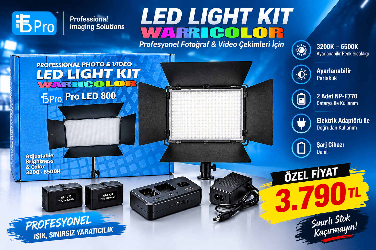 BF Pro  Pro 800 Bi-Color  Panel Işık  ( 2 Adet f770 Batarya ve Şarj Aleti hediye )