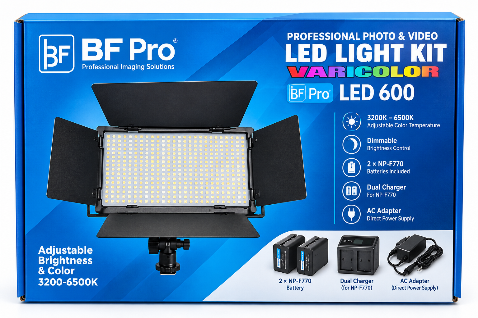 BF Pro Panel Led Pro 600 Bi-Color kamera üstü Işık ( 2 Adet f770 Batarya ve Şarj Aleti hediye )